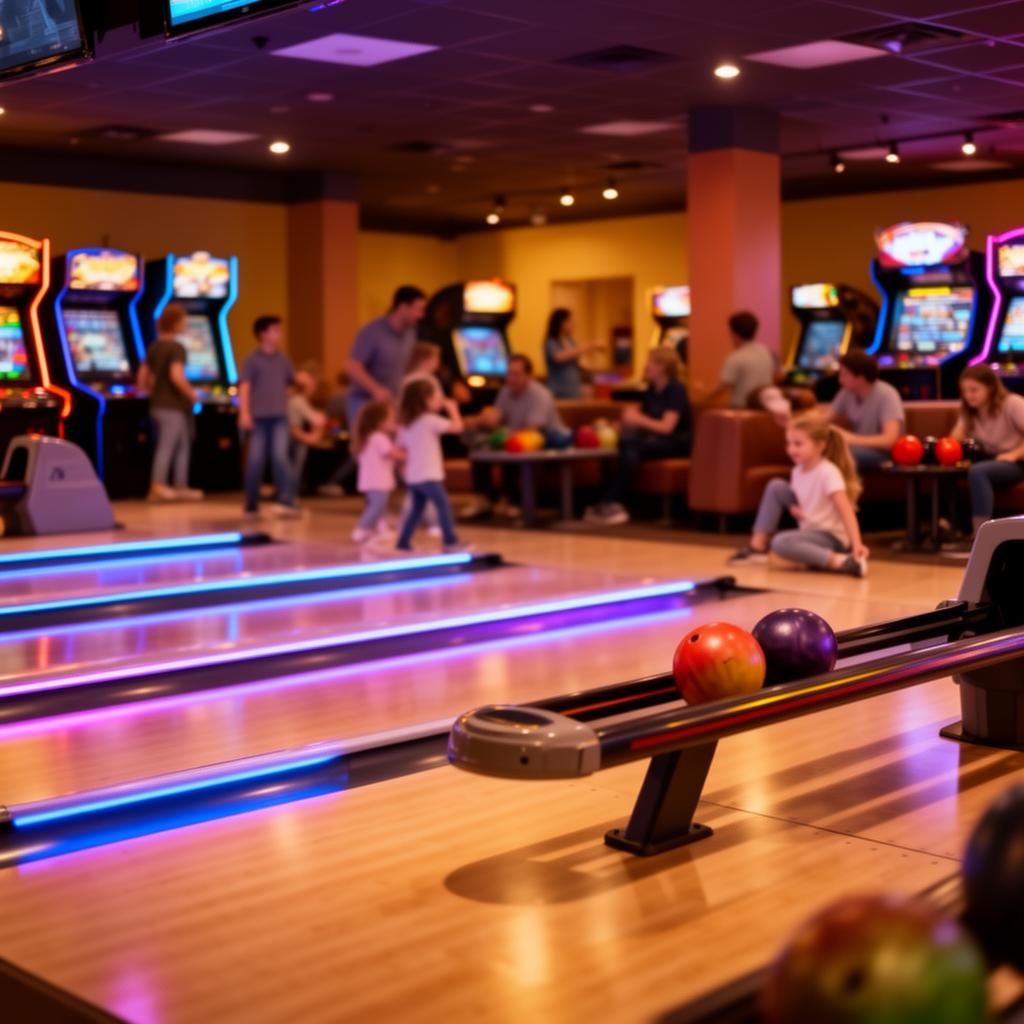 Interior of a family entertainment center with bowling lanes and arcade