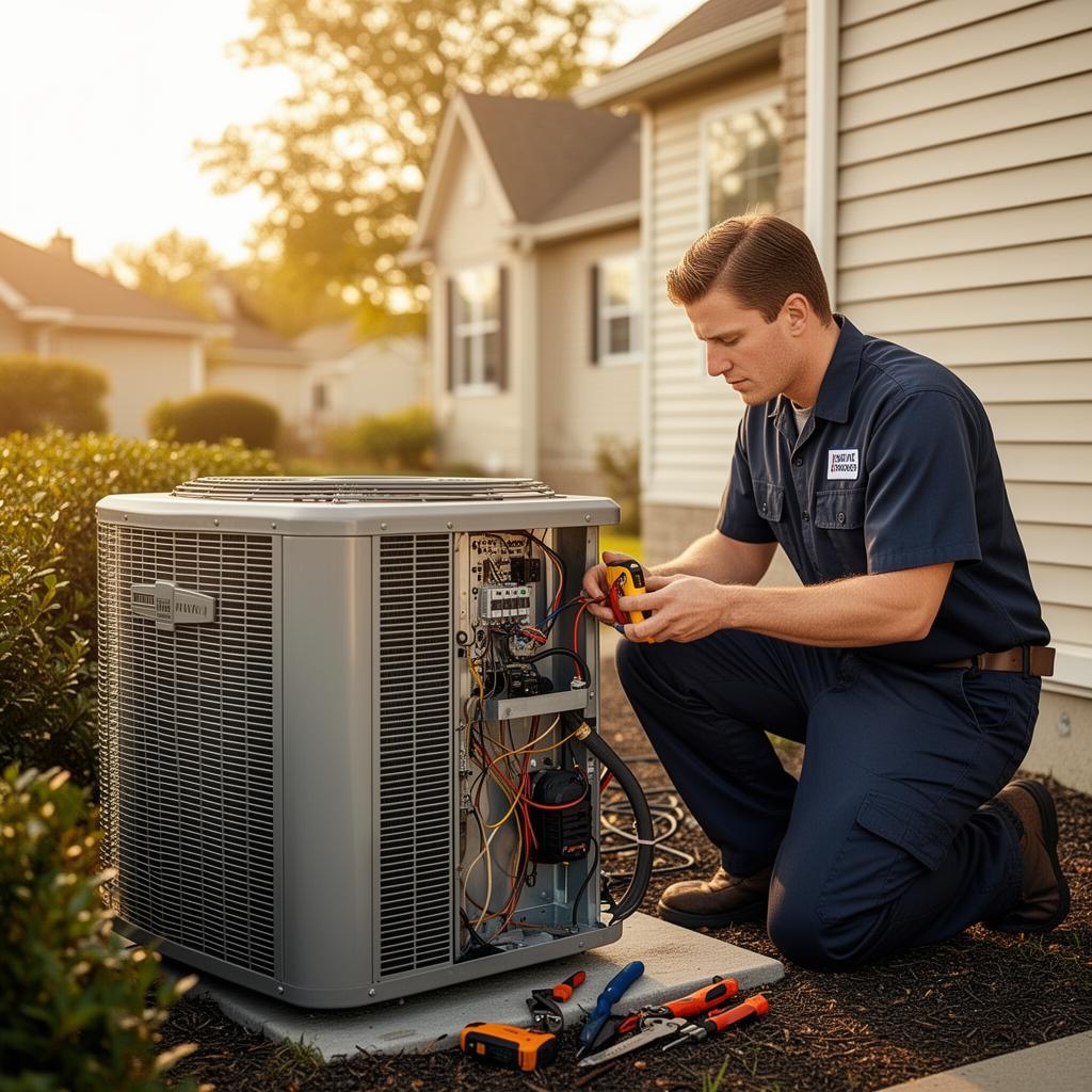 HVAC technician servicing a residential outdoor condenser unit