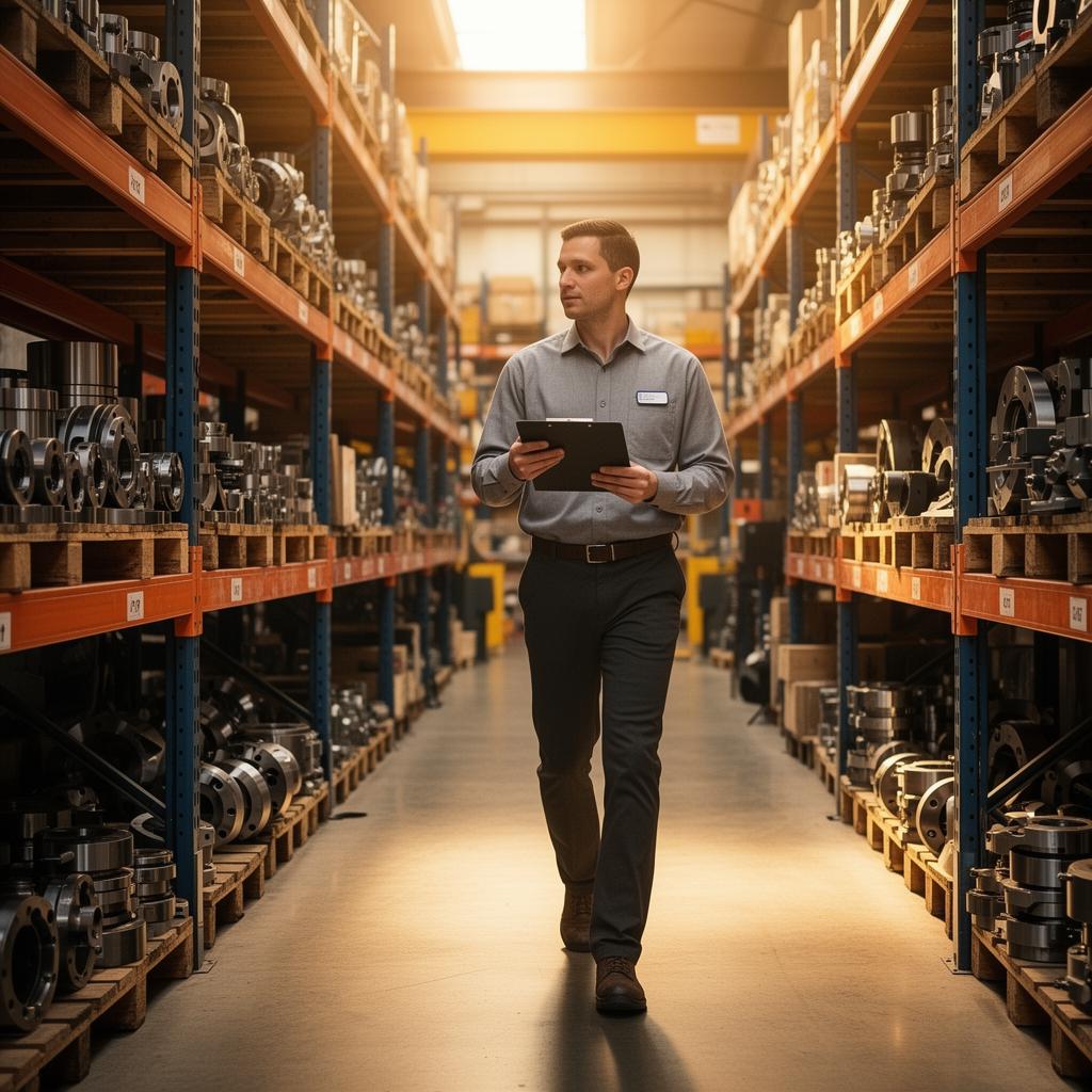 Manufacturers sales representative walking an industrial supply warehouse aisle