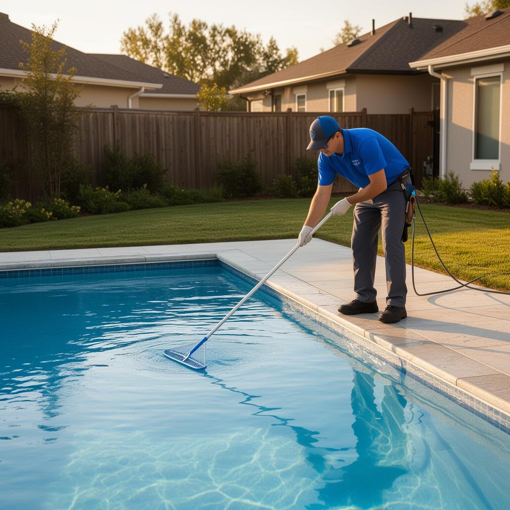 Pool service technician cleaning a residential backyard swimming pool