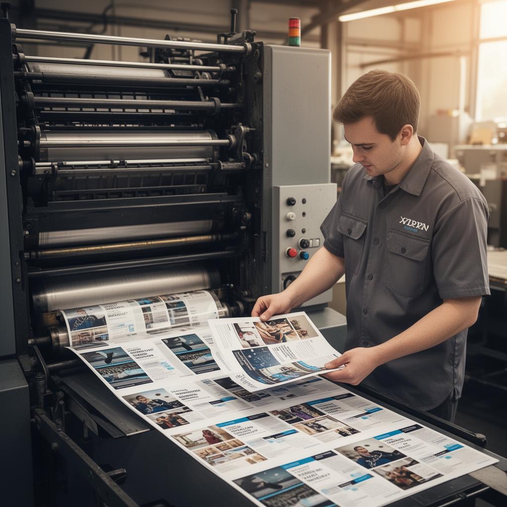Commercial printing press operator inspecting freshly printed marketing materials
