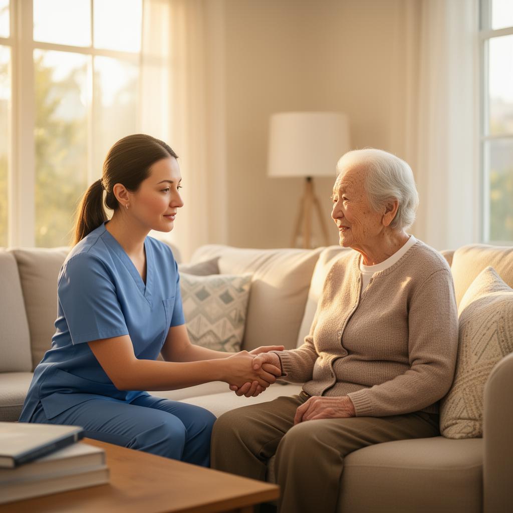 Caregiver assisting an elderly person in a bright sunlit living room